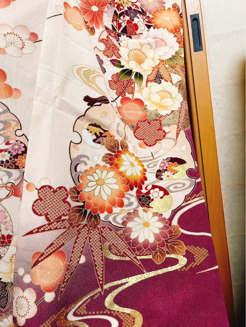 振袖　成人式　卒業式　オフホワイト　クリーム　パープル　袋帯　袴　振袖フルセット