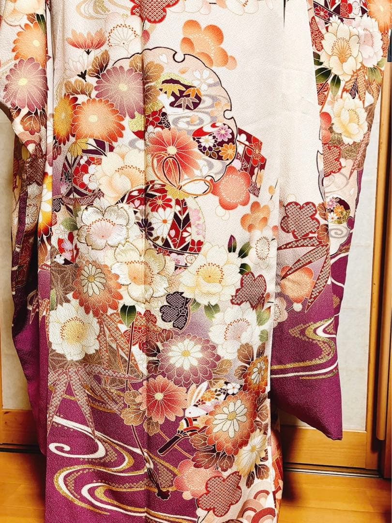 振袖　成人式　卒業式　オフホワイト　クリーム　パープル　袋帯　袴　振袖フルセット
