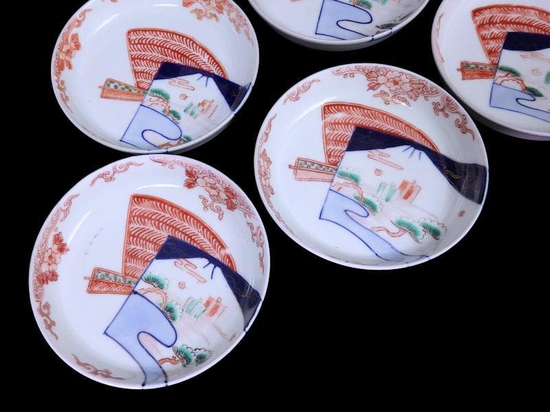 古伊万里　色絵　羊歯文様に松原帆掛け船　富士の図　５枚　B992AS-DAi