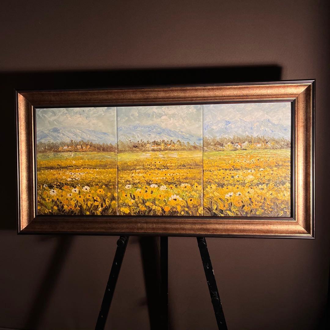 手書き油絵 ３枚組 コスモス畑 肉筆額付 額付き 絵画 インテリア 油彩画