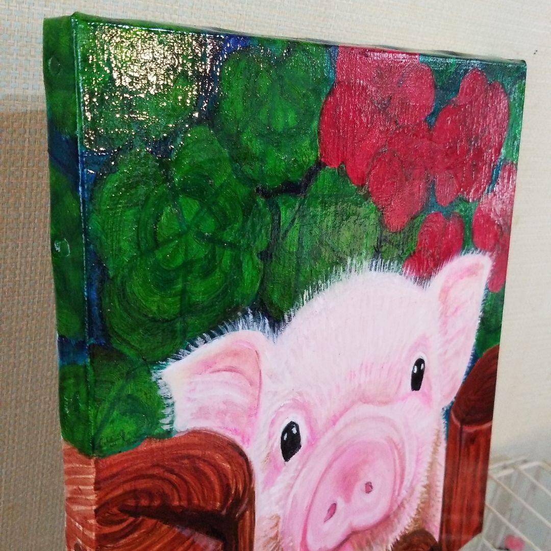 油絵　専用　花壇から顔を出した赤ちゃんぶた