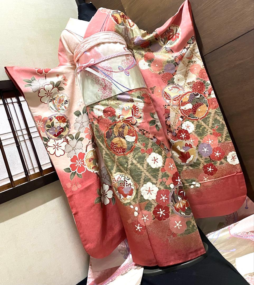 振袖 フルセット6点サイズS〜M 駒刺繍　雪輪花蝶文　金彩　正絹