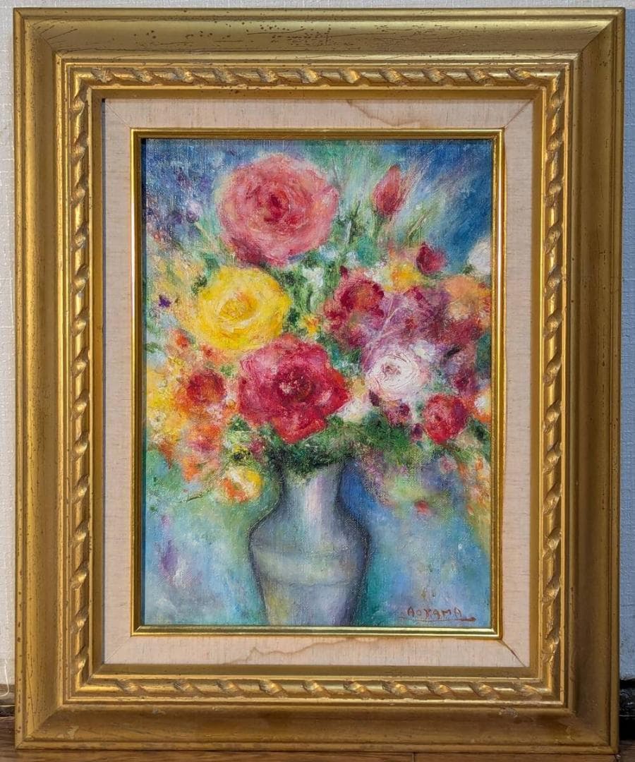 【模写】絵画　青山義雄　油彩4号　ROSE　色彩豊かな薔薇の花束　Y171