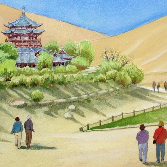 絵画「シルクロード～ 月牙泉のほとりの楼閣」　水彩画