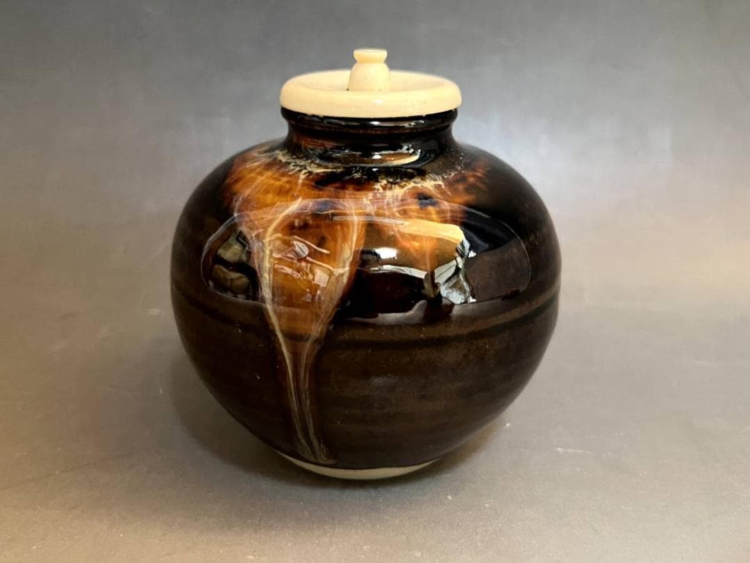 茶入■文琳茶入【洛東定一作】飴釉 糸切高台 お茶道具 古美術 時代物 骨董品■