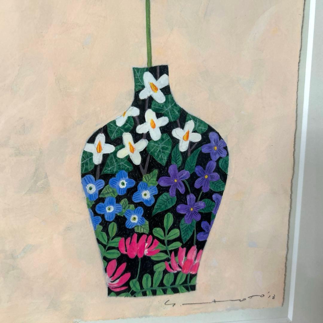 マツモトヨーコ　ドローイング　絵画　「微妙な関係」　ポピーと季節の花ばな