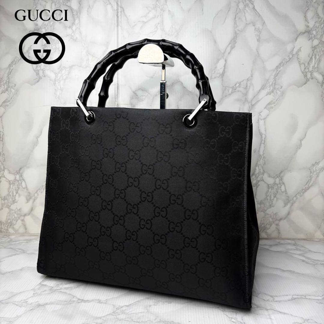 031 美品 GUCCI バンブー ハンドバッグ GG柄 黒 yu6