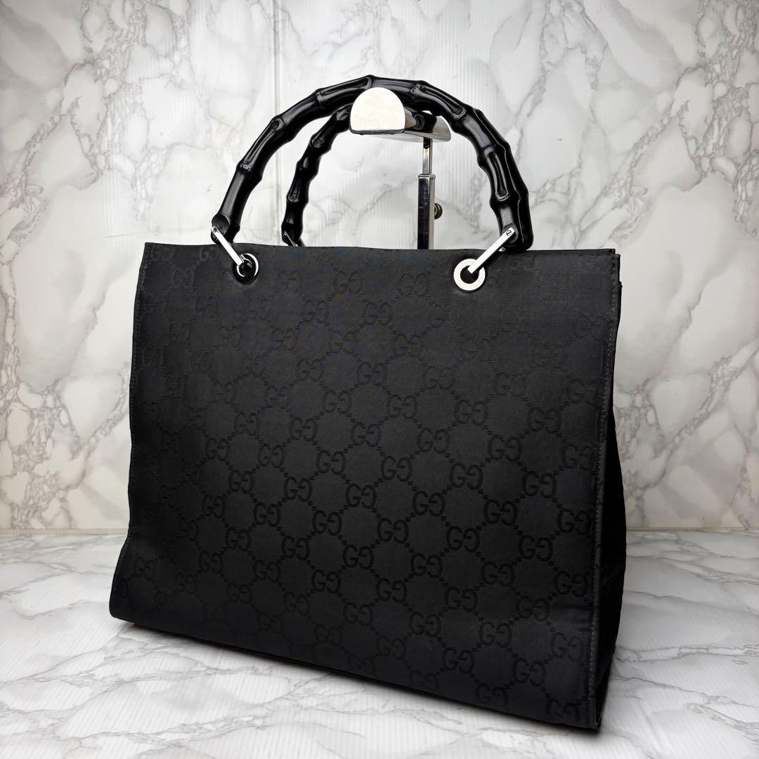 031 美品 GUCCI バンブー ハンドバッグ GG柄 黒 yu6