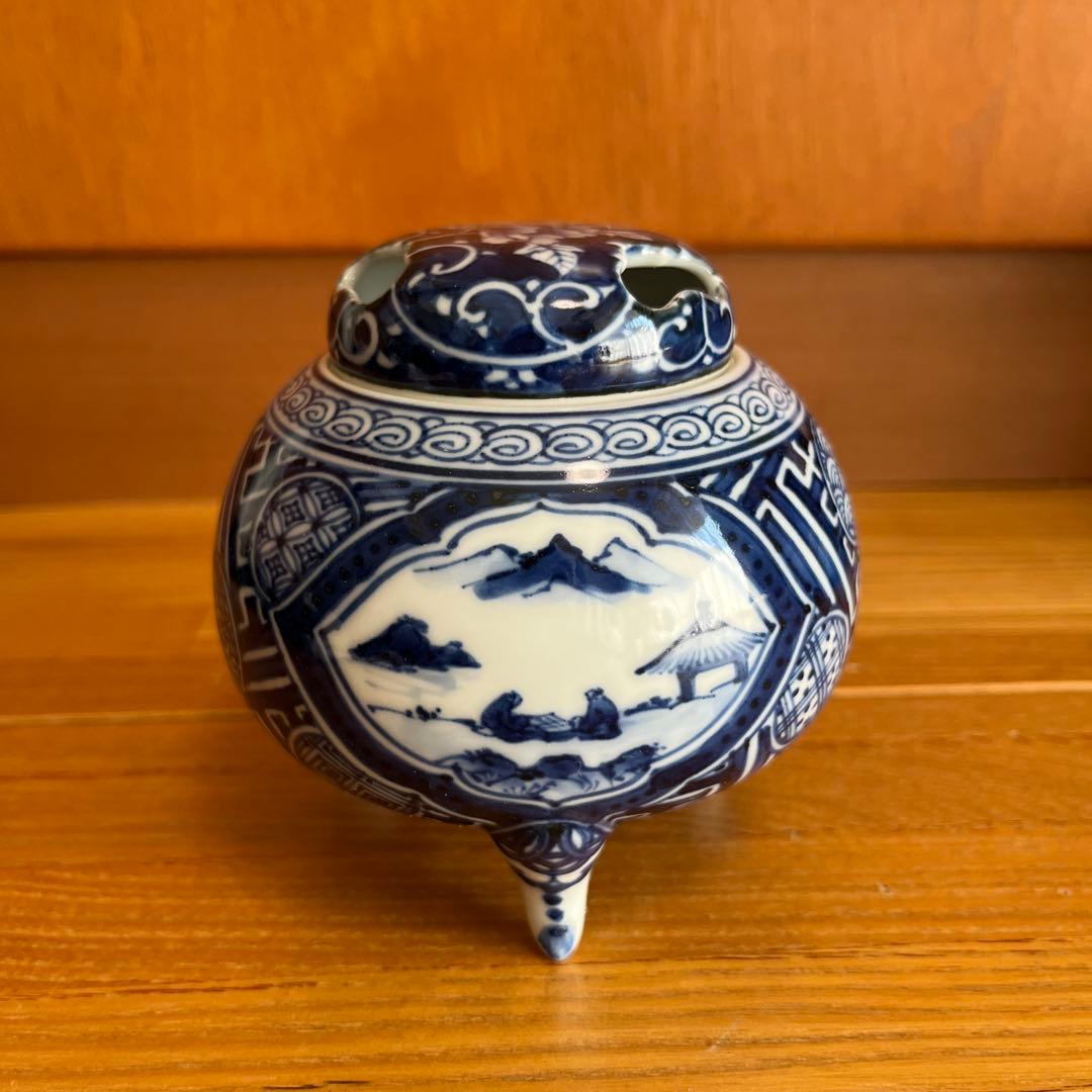 松泉　京都　日吉窯　染付山水　香炉