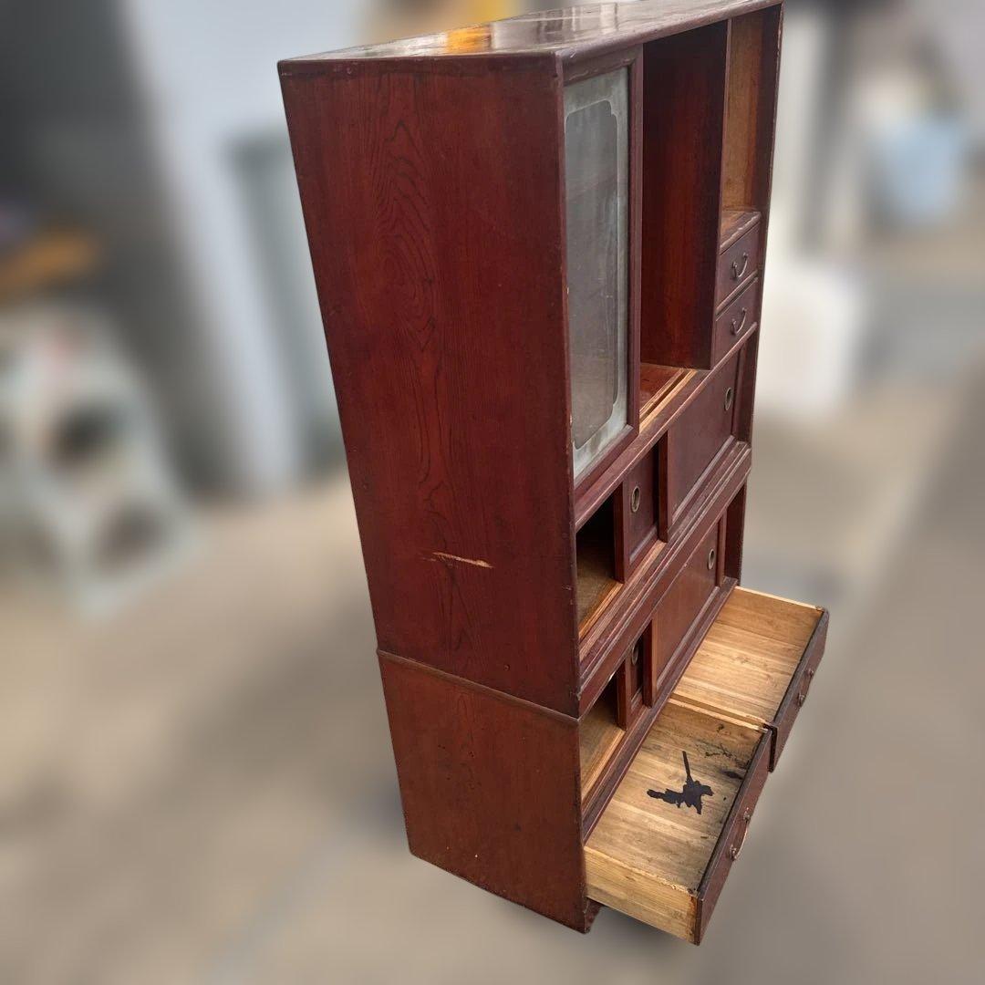 m*k様 昭和レトロ　茶箪笥　木製キャビネット 赤褐色 ガラス扉付き