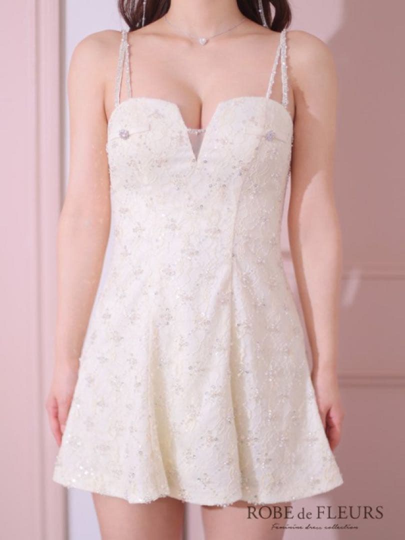 ROBE de FLEURS/スパンコールアイボリーミニキャバドレスフレア新品M