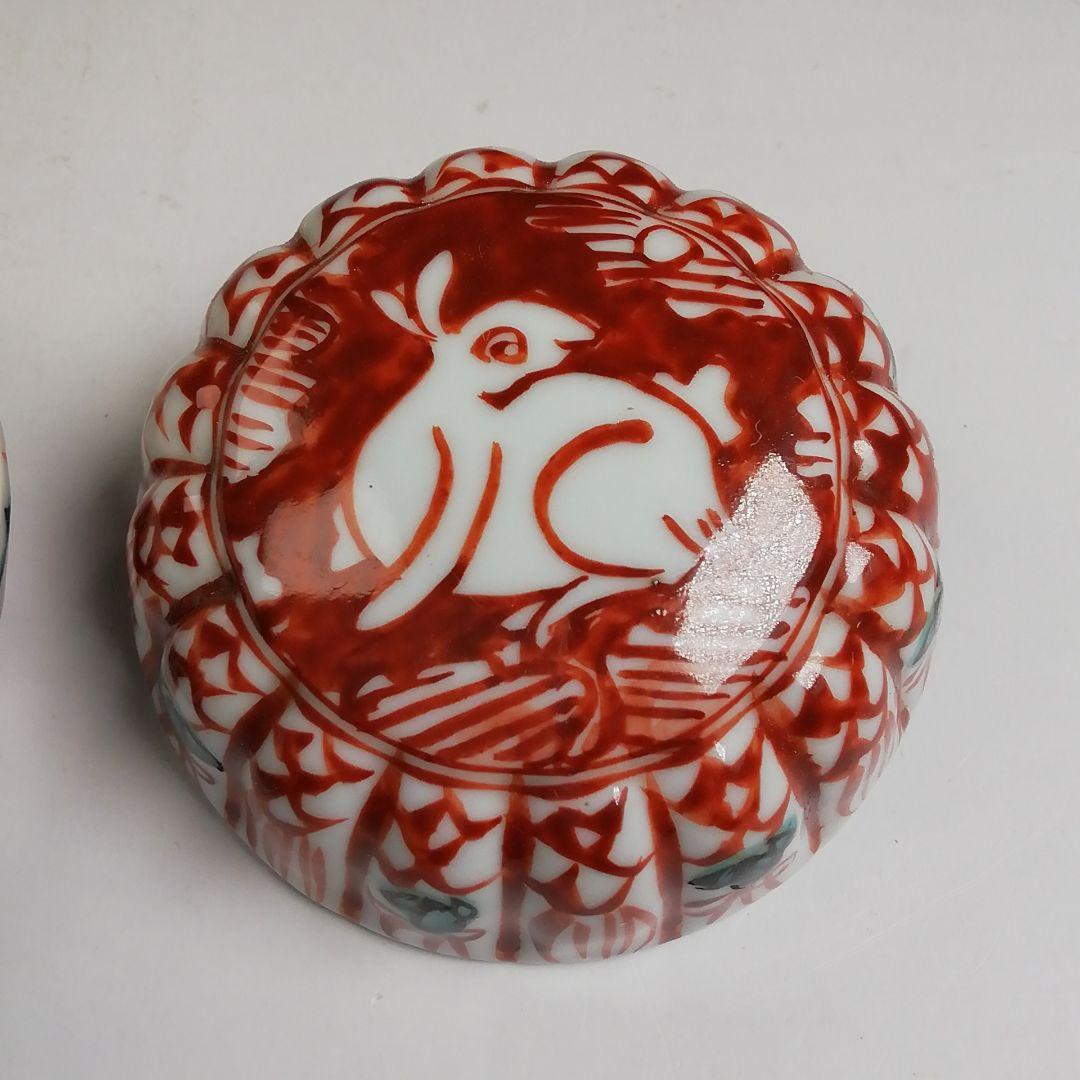 Ｔ９３３　香合　『赤絵　菊兎』『高野昭阿弥 造』　共箱　茶道具