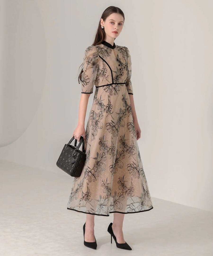 【leja】パイピングハイネック花柄ラメレースワンピースドレス