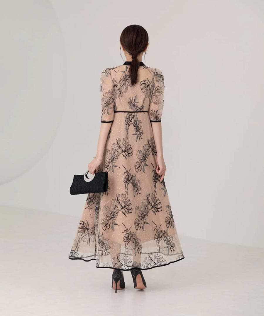 【leja】パイピングハイネック花柄ラメレースワンピースドレス