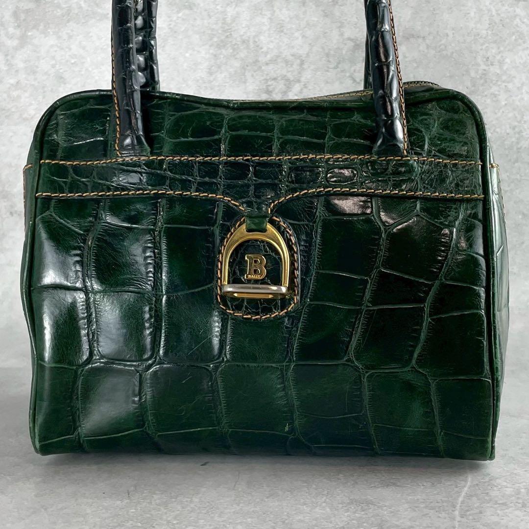 BALLY バリー ミニボストンバッグ クロコ型押し レザー グリーン