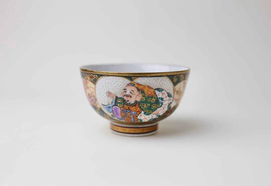 九谷焼　寿老人　細密絵　青海波　七宝図　青粒　煎茶器　急須　茶碗