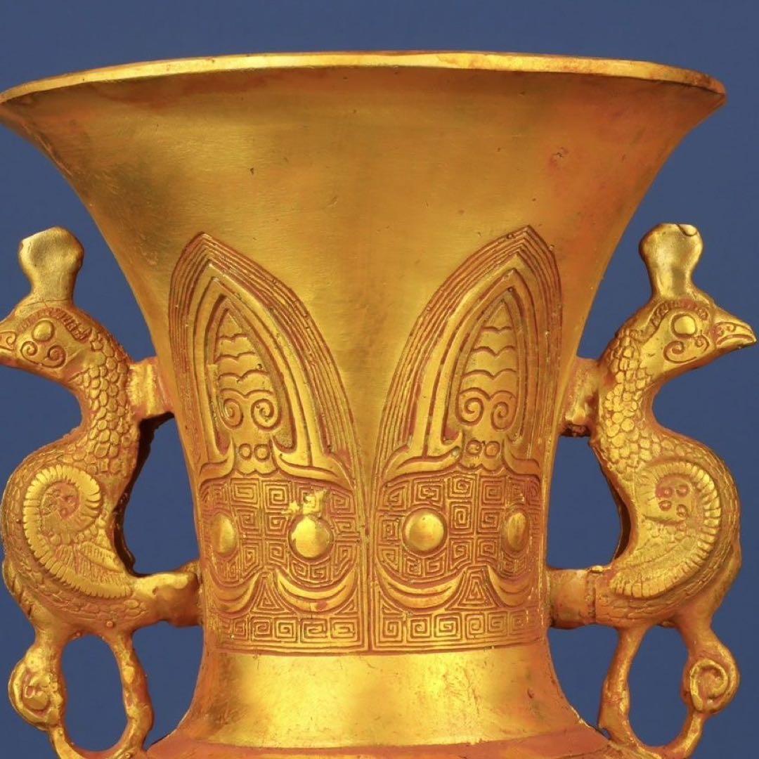 中国古美術 唐物旧蔵 純銅製西周冥紋塗金錯金獅足瓶 極細工 古賞物風水置物 絶品