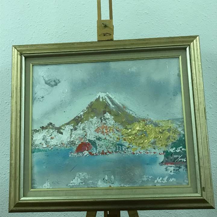 空飛ぶ前衛抽象作家の糸川裕志の富士山曼荼羅の中の油絵、F8号額入り