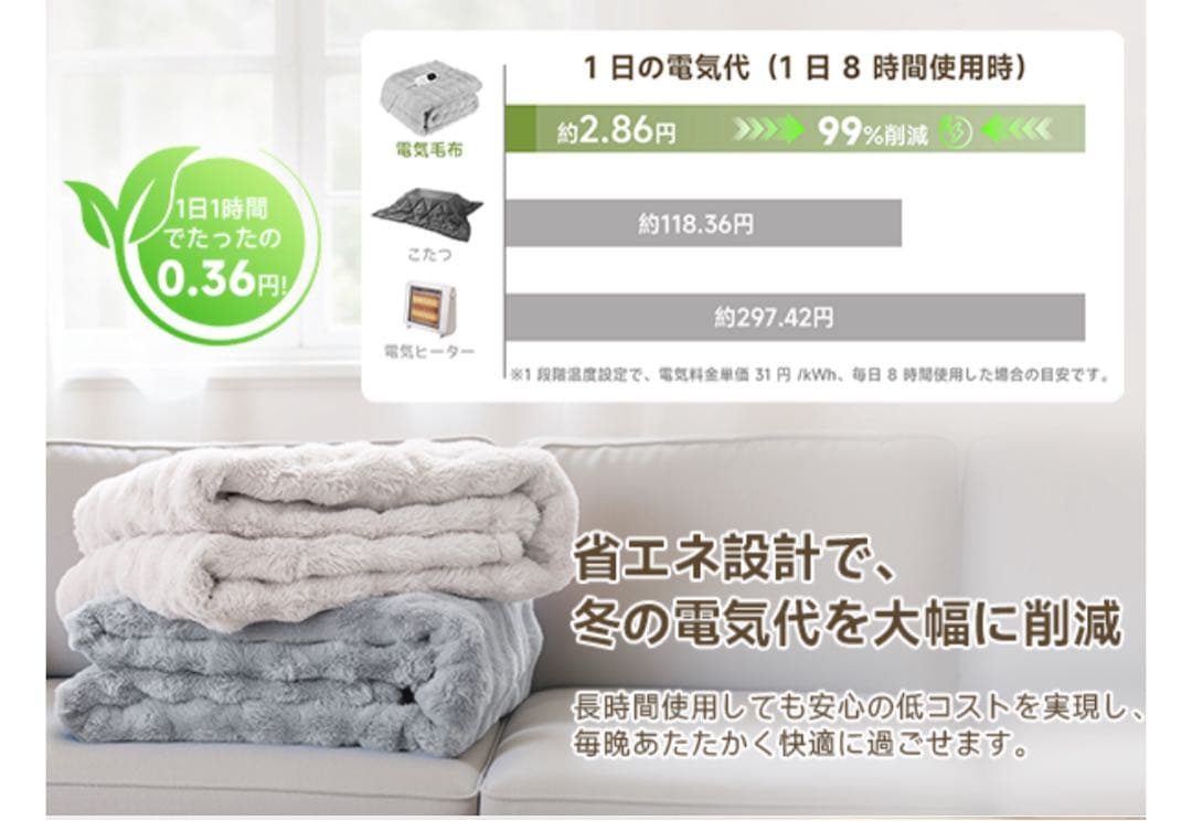 電気毛布　ダブル　グレー　タイマー　温度調節　抗菌　洗える　ラビットファー調