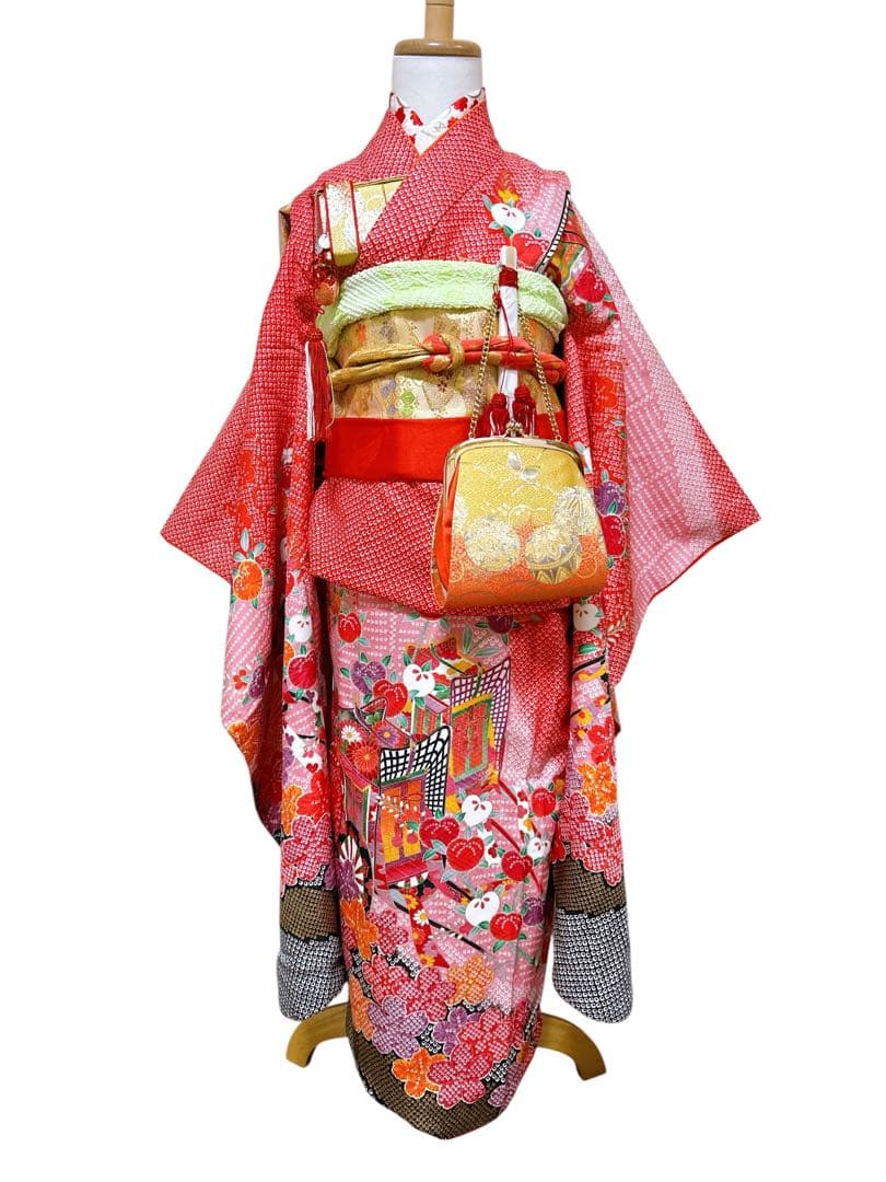 王道!!赤系鹿の子柄♡七五三　7歳　女の子　フルセット　一式　ピンク　ゴールド