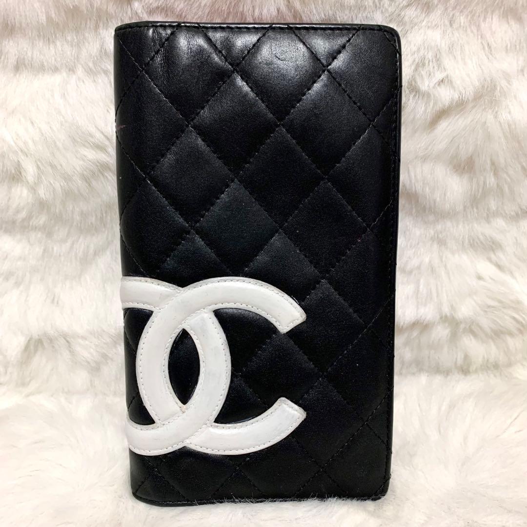 美品！カンボンラインCHANEL 二つ折り財布 黒　ピンク　マトラッセ