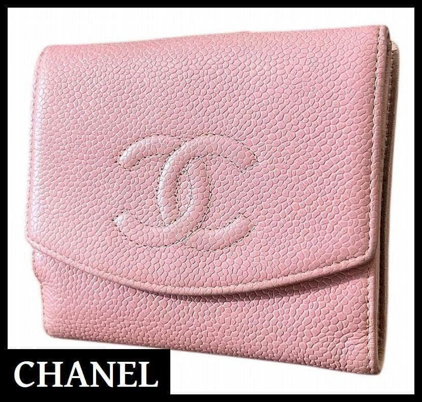 G② ビンテージ シャネル ココマーク キャビアスキン レザー 二つ折り 財布