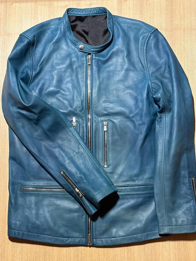 NO ID. 屋外未着用シープレザー ライダースJK ブルーグリーン WAX付