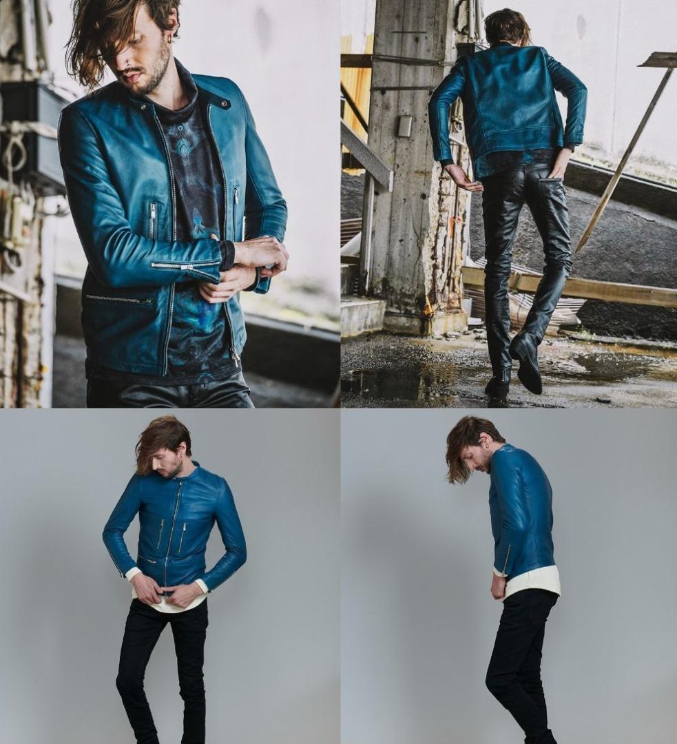 NO ID. 屋外未着用シープレザー ライダースJK ブルーグリーン WAX付