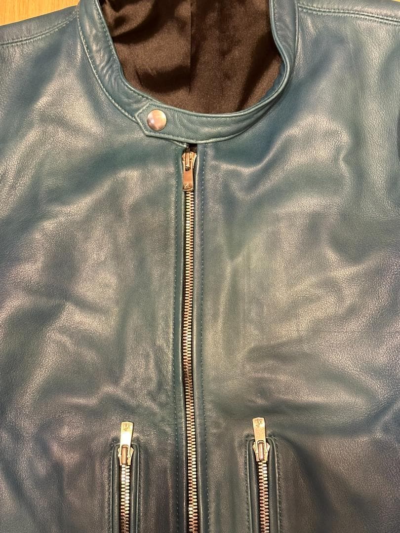 NO ID. 屋外未着用シープレザー ライダースJK ブルーグリーン WAX付