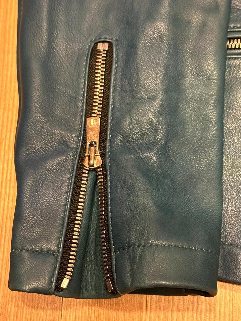 NO ID. 屋外未着用シープレザー ライダースJK ブルーグリーン WAX付