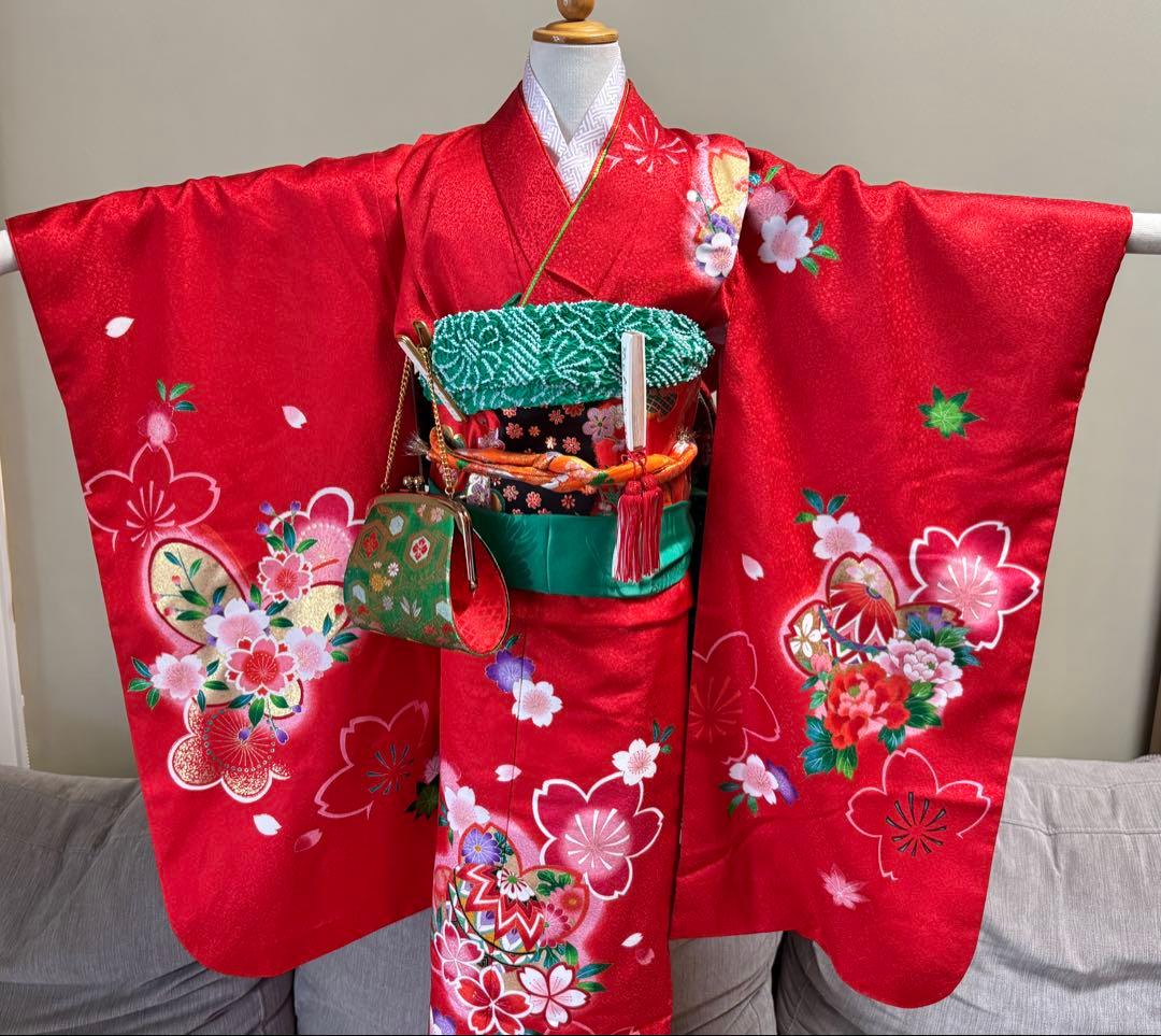 7歳七五三セット　着物草履バッグ付き　赤系②