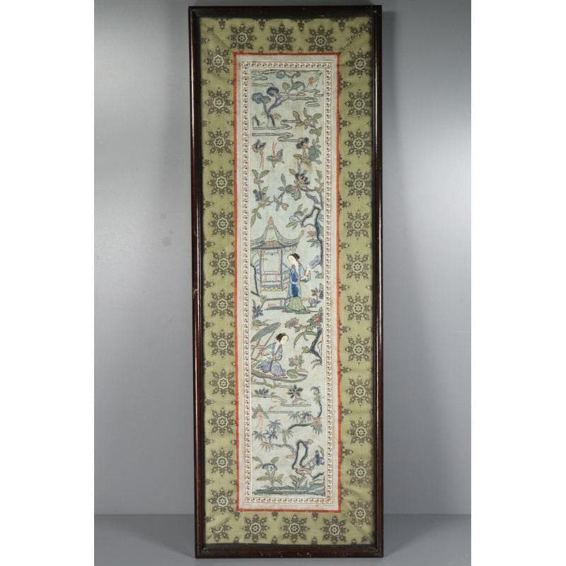 【珍】　★ 額装 亭台仕女図繍片 ★　民国時期　刺繍 仕女紋 亭台紋　民間織繍