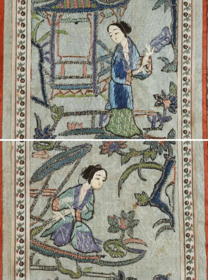 【珍】　★ 額装 亭台仕女図繍片 ★　民国時期　刺繍 仕女紋 亭台紋　民間織繍