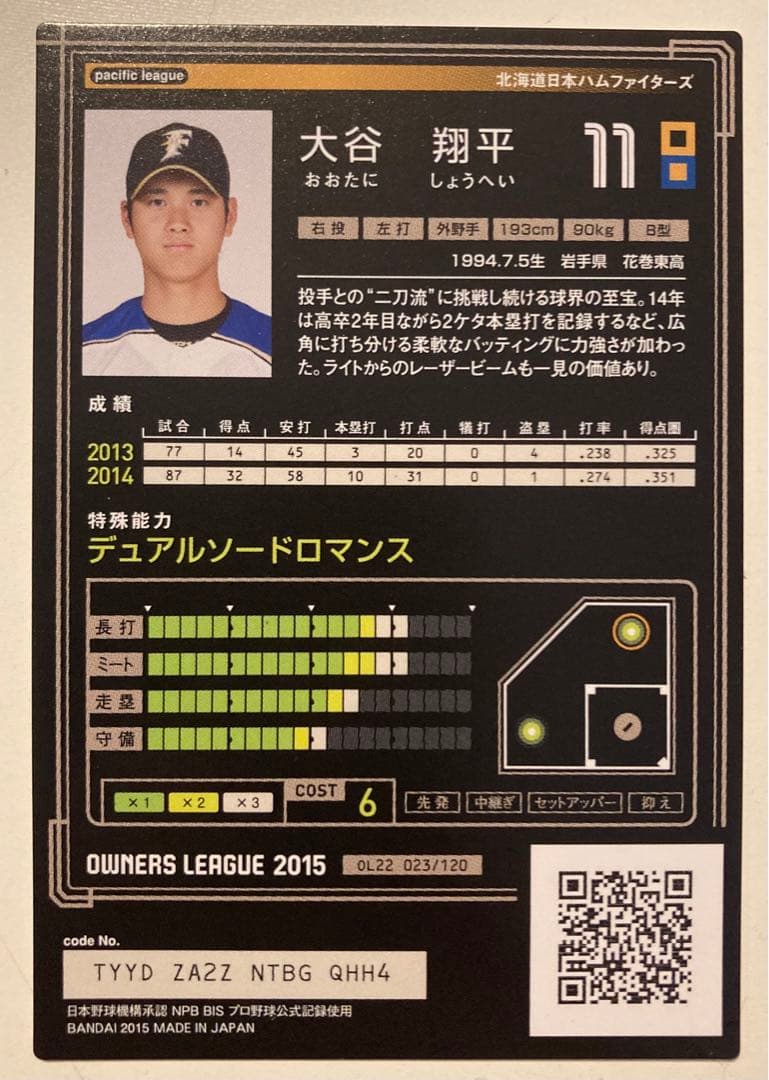 大谷翔平　サインカード　オーナーズリーグ　Shohei Ohtani 日ハム