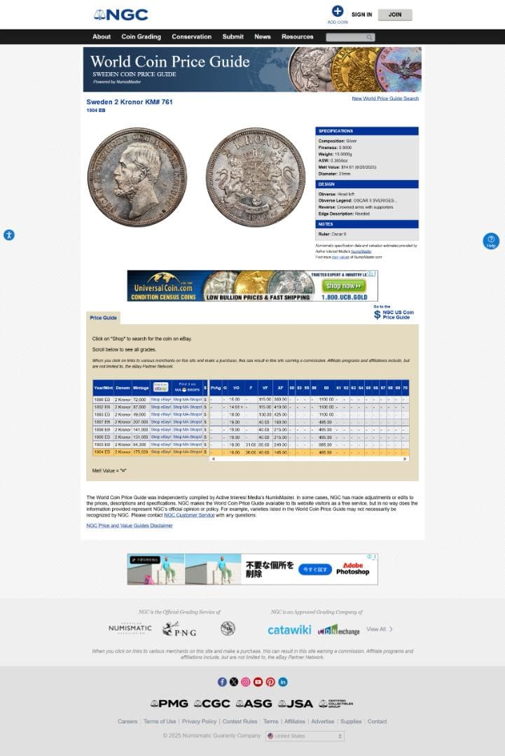 NGC-XF40　スウェーデン オスカル2世　2クローナ 1904EB