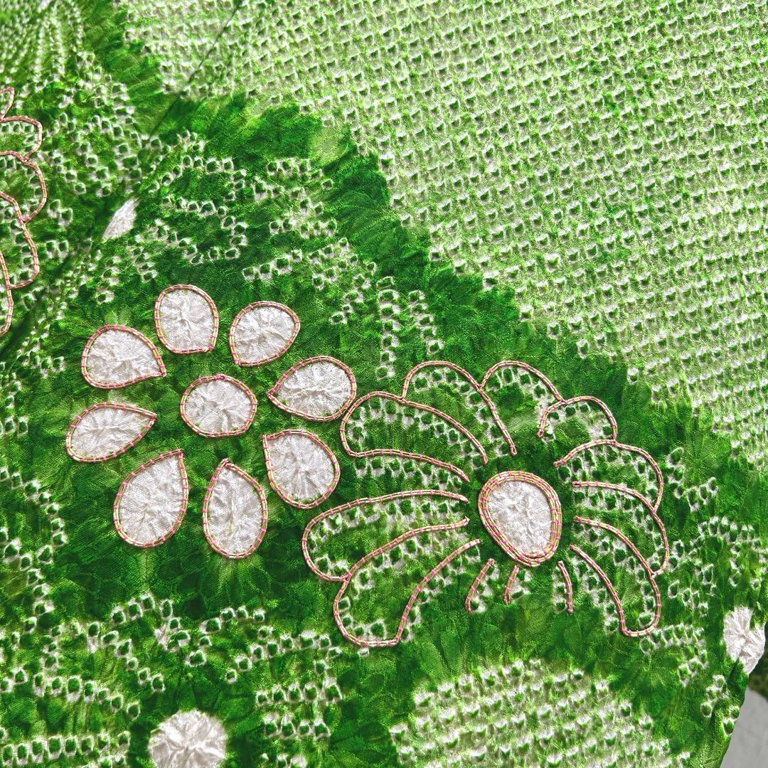 469 振袖フルセット 正絹 グリーン 緑 総絞り 駒刺繍 三越 百貨店 高級