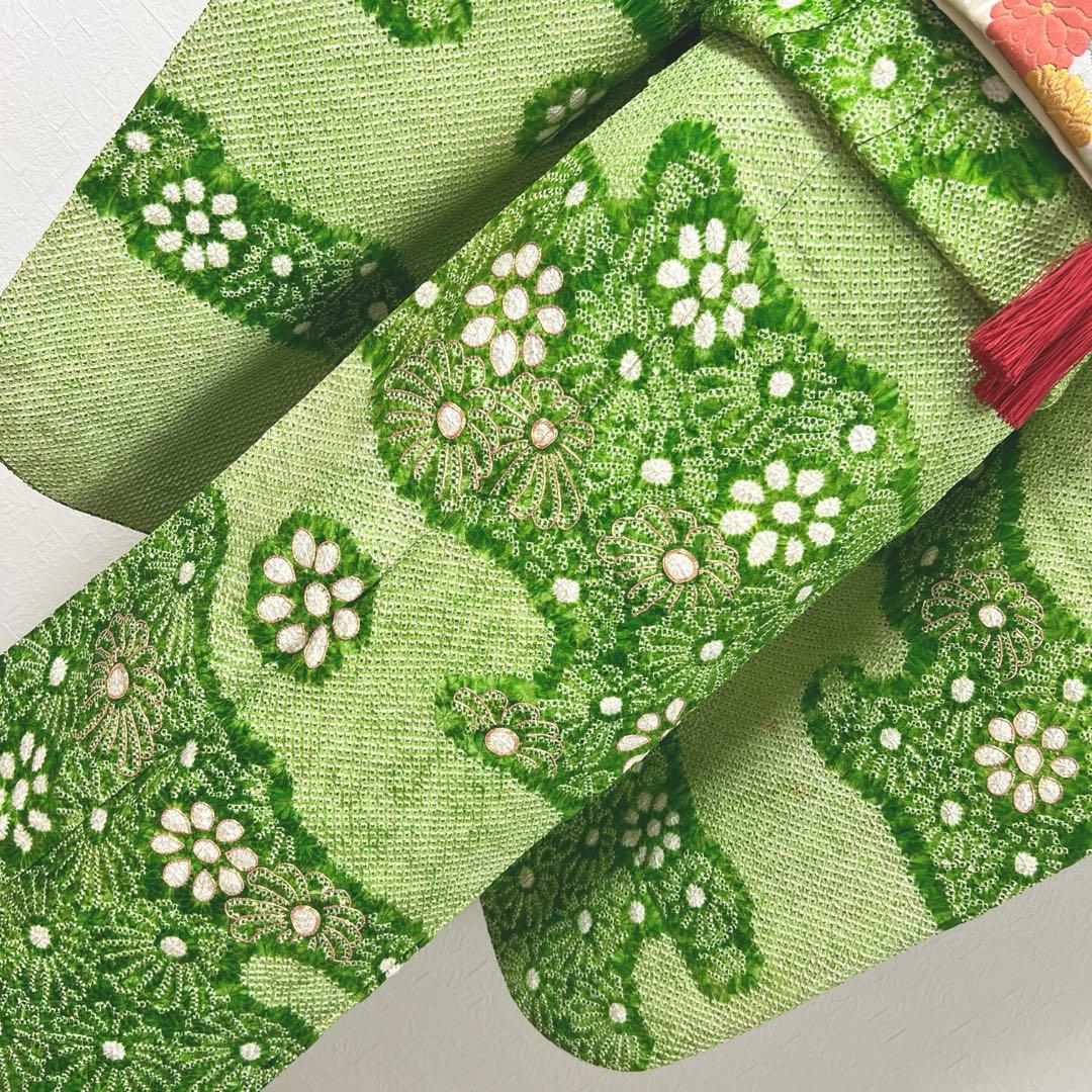 469 振袖フルセット 正絹 グリーン 緑 総絞り 駒刺繍 三越 百貨店 高級