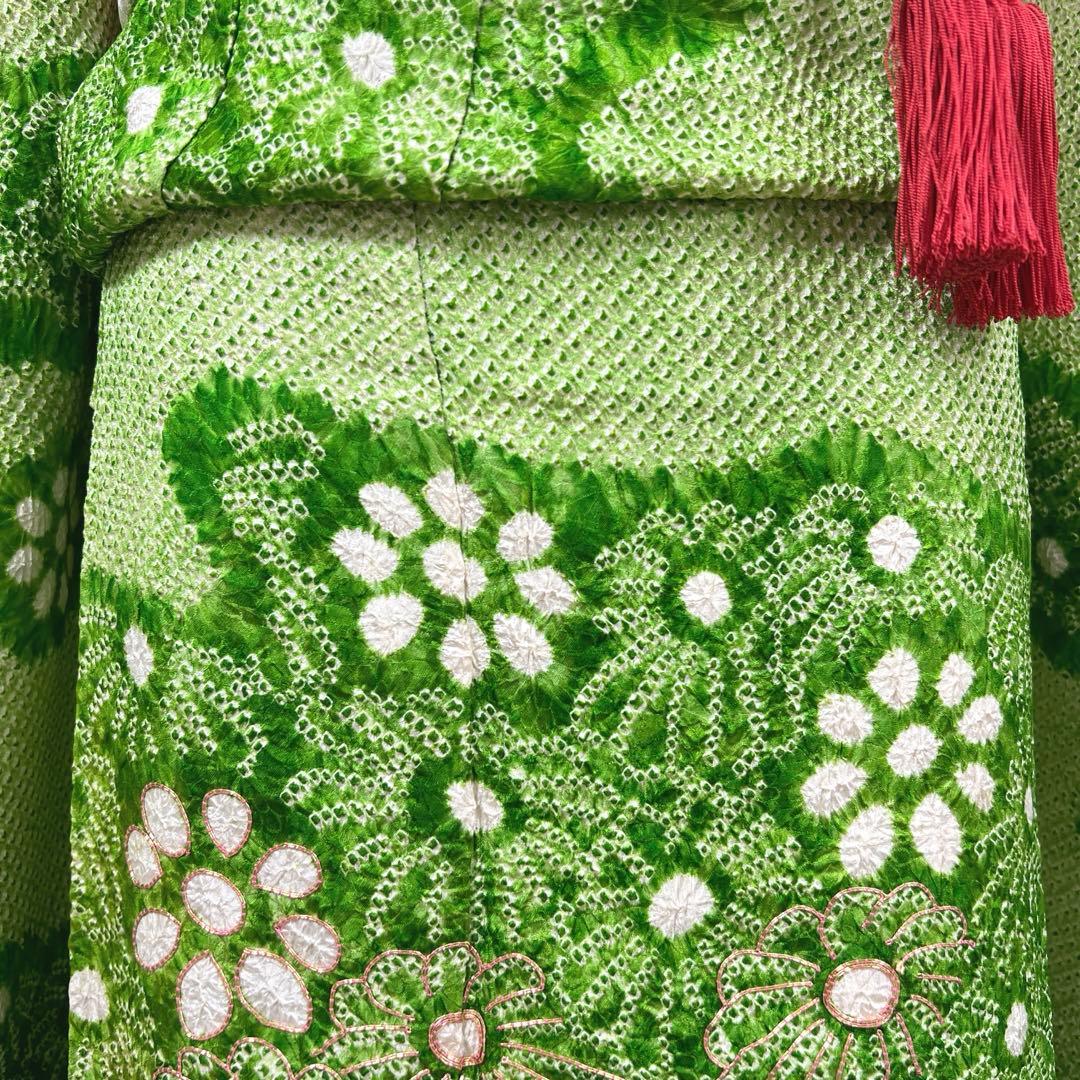469 振袖フルセット 正絹 グリーン 緑 総絞り 駒刺繍 三越 百貨店 高級