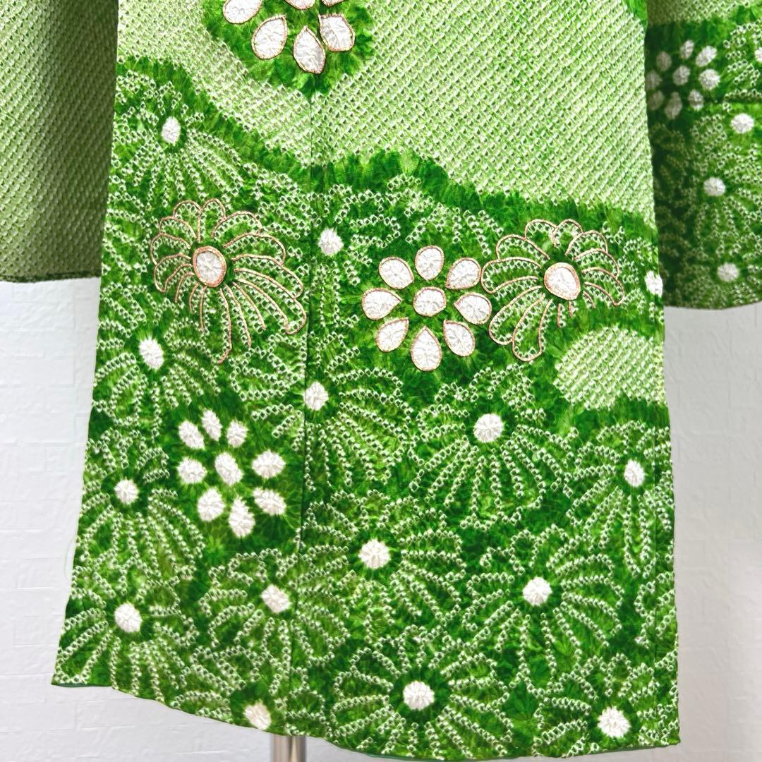 469 振袖フルセット 正絹 グリーン 緑 総絞り 駒刺繍 三越 百貨店 高級