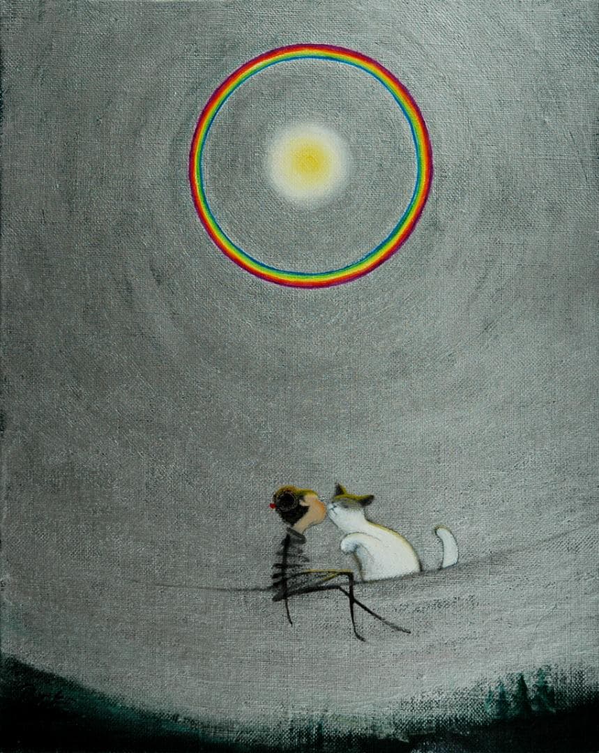 油絵 菅家令子 絵 絵画 インテリア額付(白) F3-031019 子猫と女の子