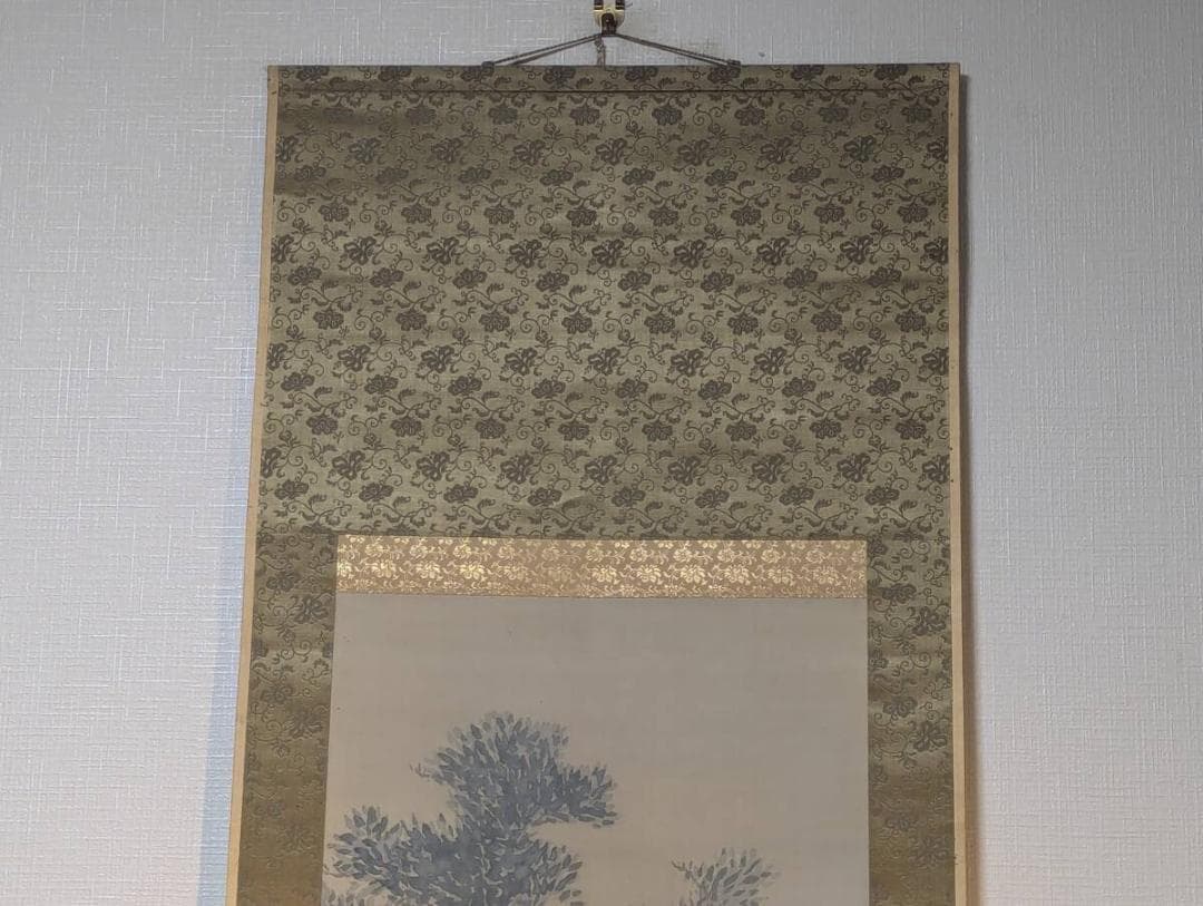 【真作】掛軸　松林風景　近代日本画　木立図　静謐な青緑彩　筆致鮮やか　T86