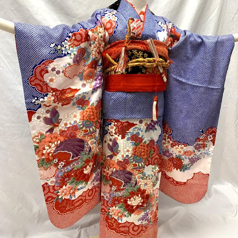 511ag13□七五三 七歳 女児 着物&袋帯&長襦袢 鹿の子 毬 花□美品