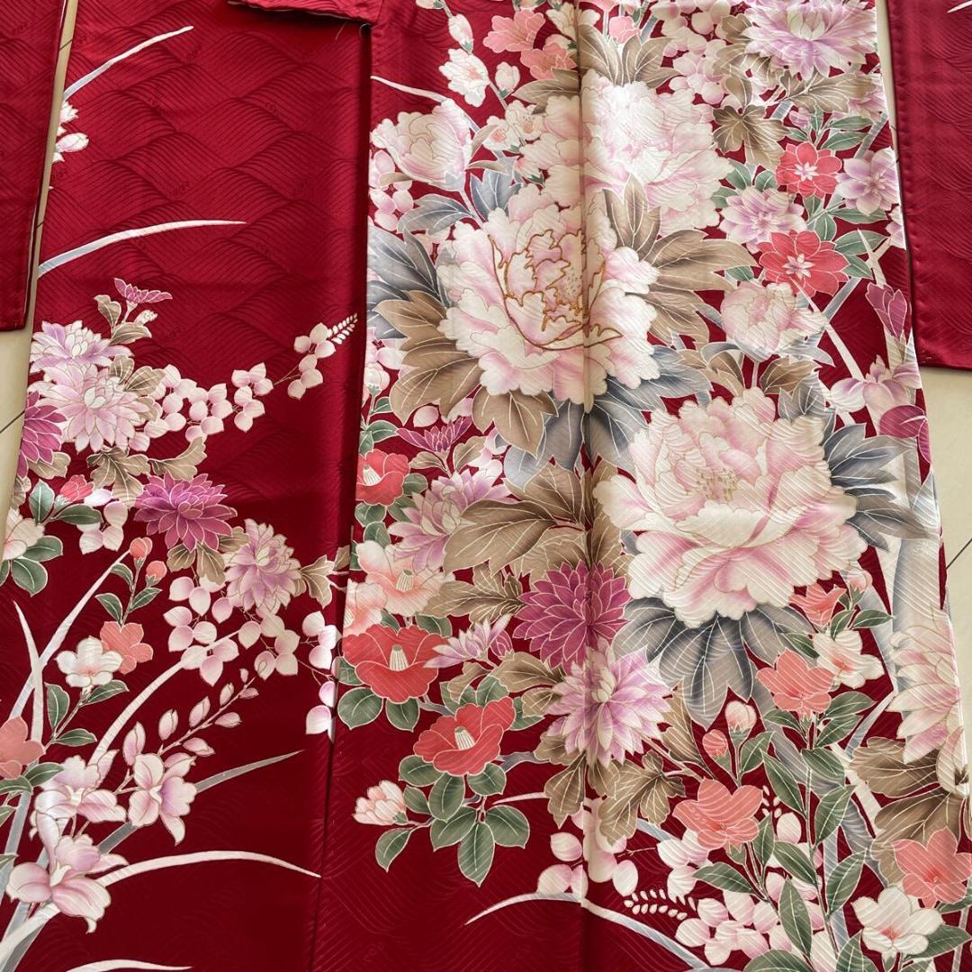 ■E4124■美品■紅海老茶色　花尽くし　京友禅　袷　振袖　丈166 裄68