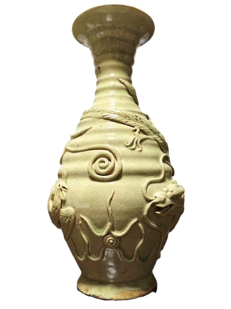 【 龍鳳凰文青磁釉高肉瓶 】　　唐～宋代　中華古玩