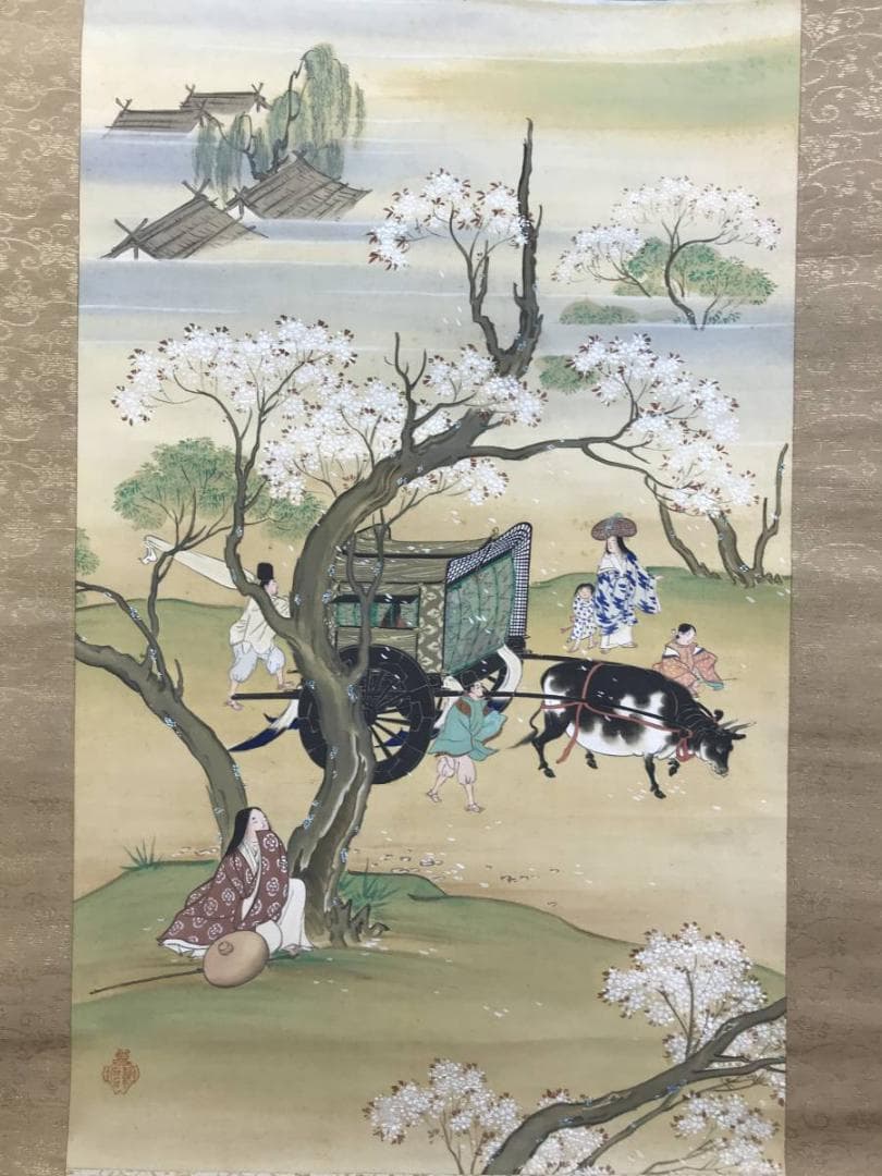 真作/永井幾麻/平安花之都/山水図/人物図/歴史画/掛軸☆宝船☆AE-412