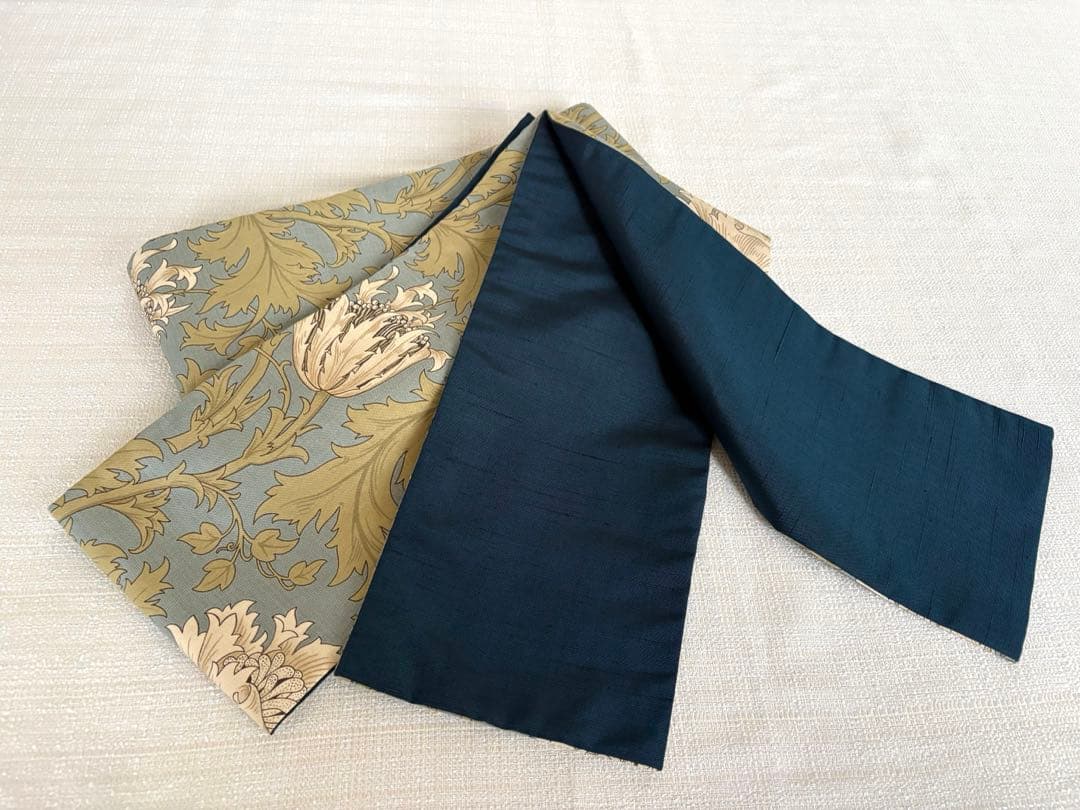 半幅帯　ウィリアムモリス　アネモネホワイト✖️正絹米沢紬　リバーシブル