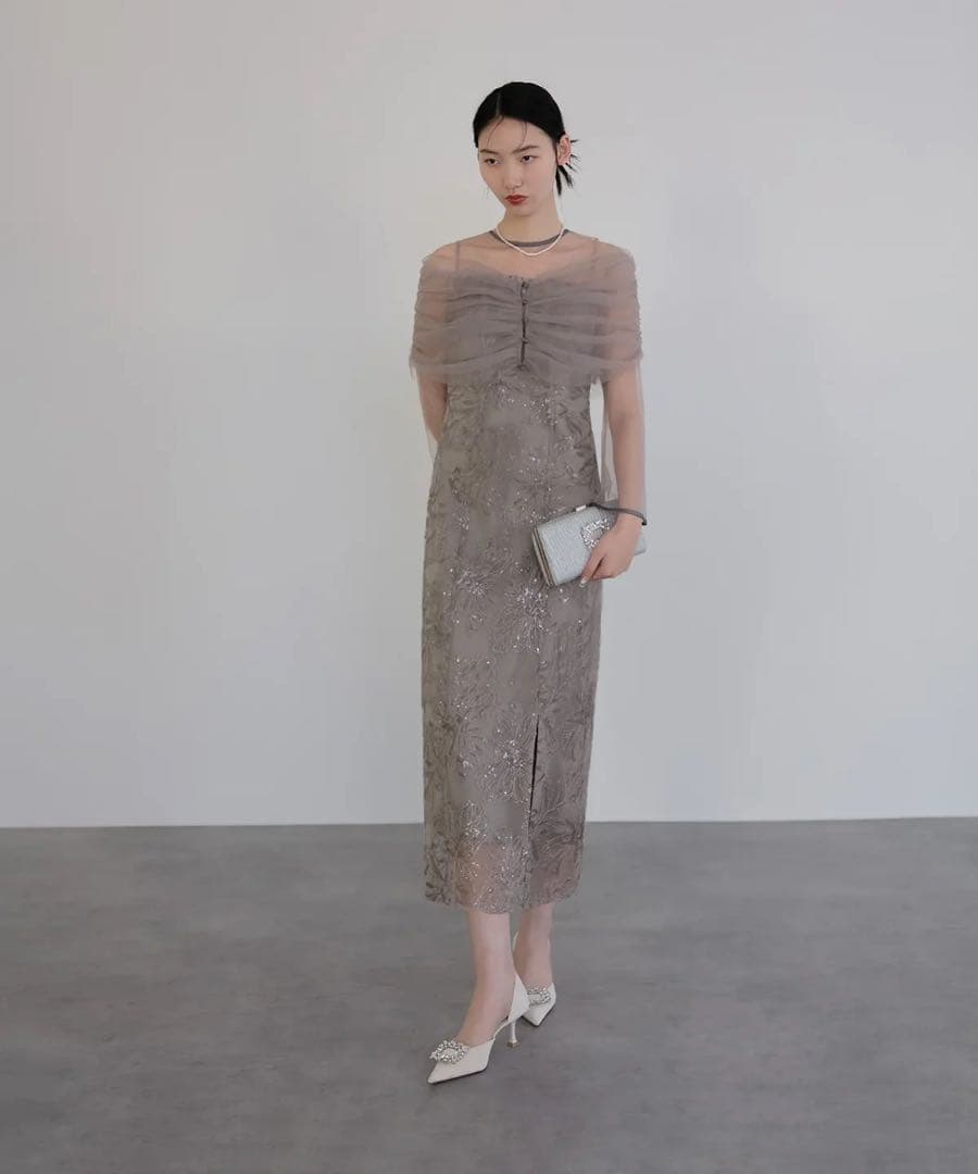 チュールオフショルダー花柄Iラインドレスワンピース