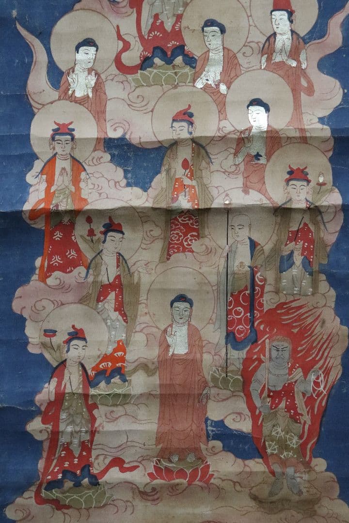 古い掛軸　十三佛　十三仏　仏画　版彩色　曼陀羅　幕末明治