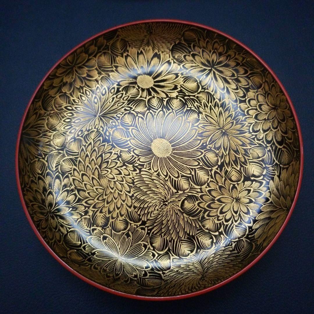 朱漆塗 見返し 総沈金 菊花紋詰 蓋付き 菓子椀 吸物椀 懐石椀 1客①
