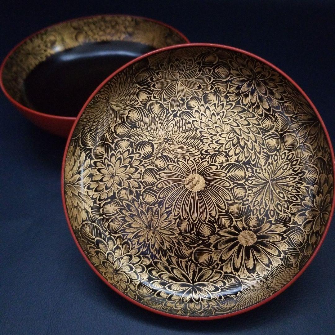 朱漆塗 見返し 総沈金 菊花紋詰 蓋付き 菓子椀 吸物椀 懐石椀 1客①